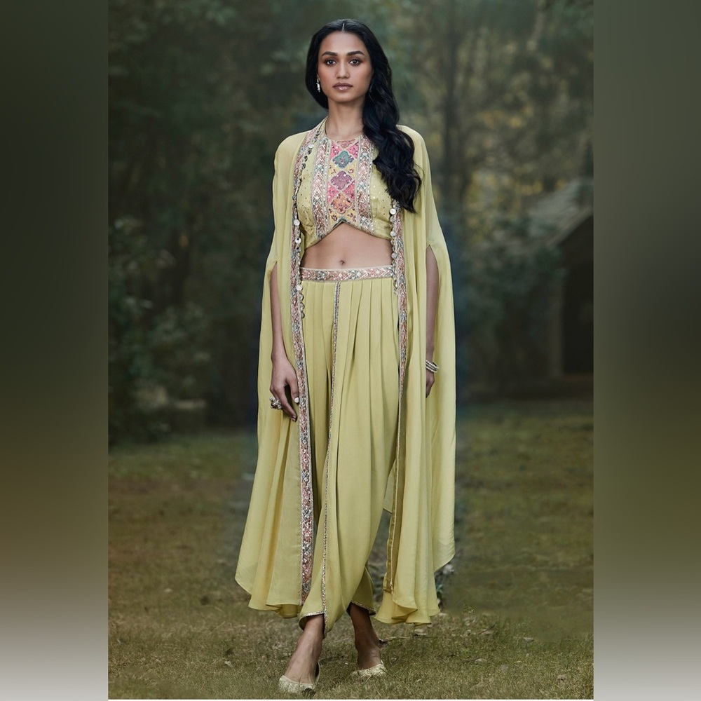 Green Georgette Dhoti & Cape Set